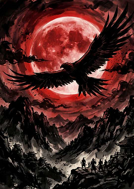 Eagle Over Mountains Under Red Moon