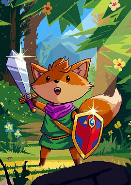 Cute Fox Warrior with Sword and Shield