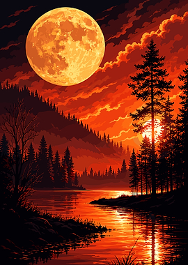 Fiery Sunset Over Forest Lake