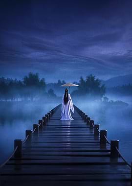 Woman with Umbrella on Pier