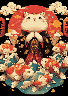 Cat in Kimono with Koi Fish