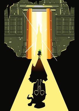 Character entering a glowing portal