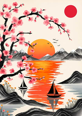 Japanese Sunset with Cherry Blossoms and Sailboats
