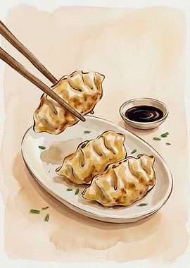 Gyoza Dumplings Soy Sauce Chopsticks Japanese Food Watercolor