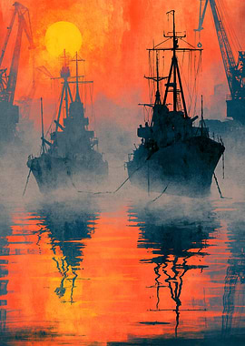 Twilight Naval Harbor in Fiery Orange Mist