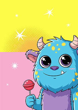 Cute Blue Monster Holding a Lollipop