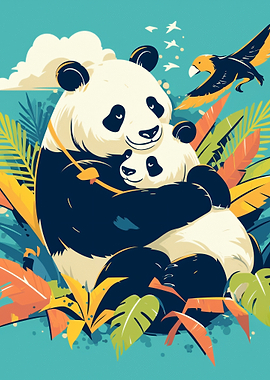 Mother and baby panda hug