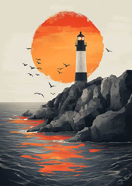 Lighthouse on Rocky Coast at Sunset