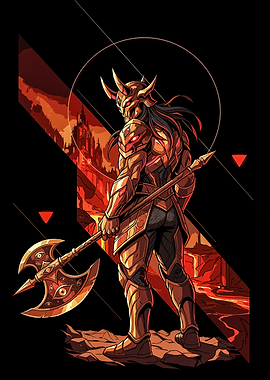 Warrior with Axe in Fiery Landscape
