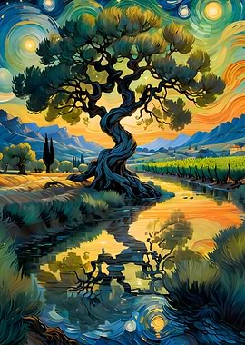 Starry Night Landscape with Twisted Tree