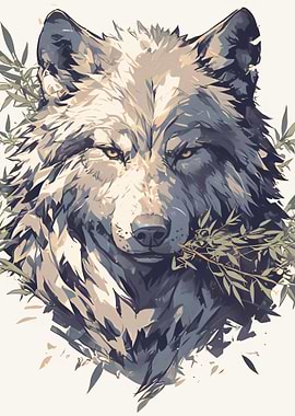 Artistic Wolf Portrait with Greenery