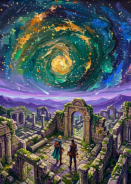 Fantasy Ruins Under a Cosmic Sky