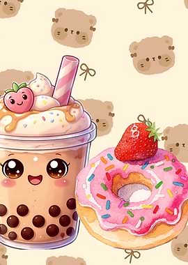 Cute Kawaii Boba and Donut