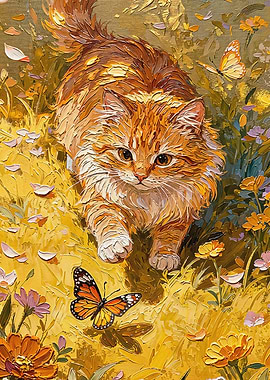 Fluffy Orange Cat Chasing Butterfly