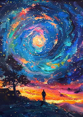 Man Gazing at a Swirling Galaxy Sky