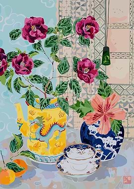 Still Life with Dragon Teapot and Flowers