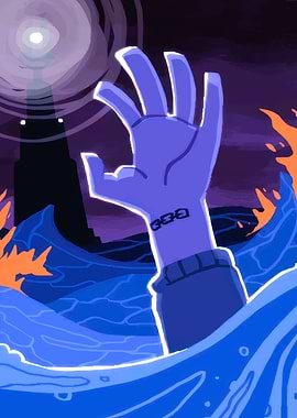 Hand reaching out of water near lighthouse