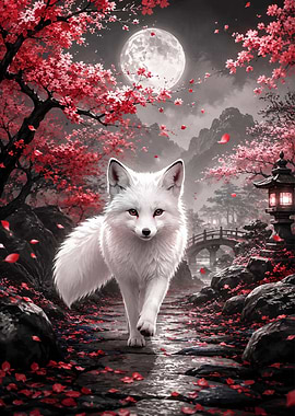 White Fox in Cherry Blossom Garden