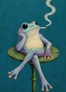 Frog smoking on a lily pad