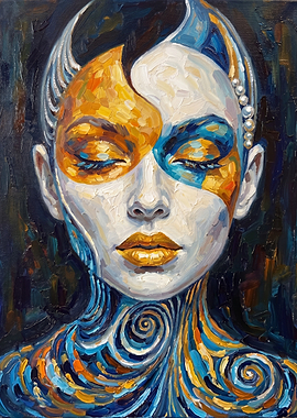 Abstract Portrait of a Woman with Golden and Blue Markings