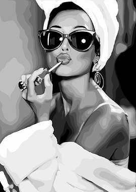Woman applying lipstick with sunglasses