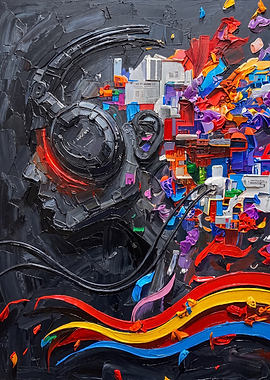 Abstract Robot Head with Colorful Cityscape
