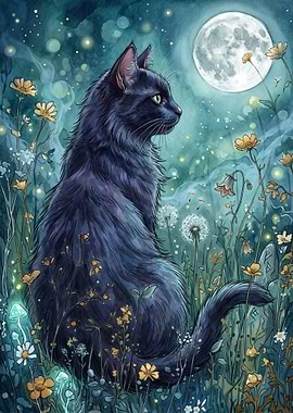 Black Cat in Moonlit Garden