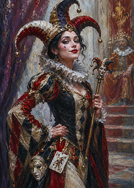 Jester Woman with Staff and Mask