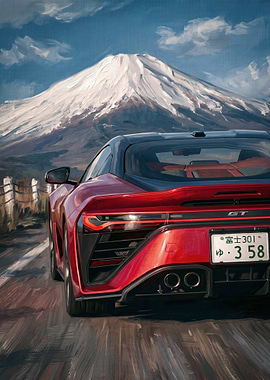 Red Sports Car with Mount Fuji Background