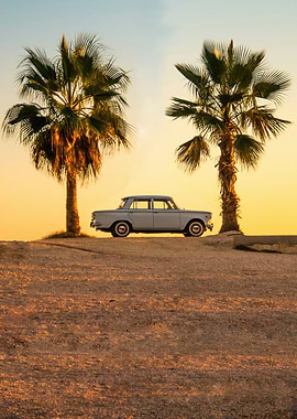 Vintage Car Between Palm Trees at Sunset