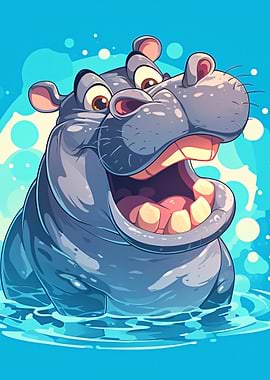 Happy Cartoon Hippopotamus in Water