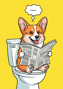 Corgi Reading Newspaper on Toilet