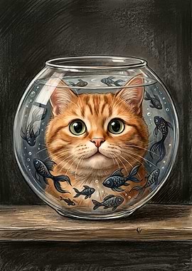 Orange Cat in a back of Fishbowl with Goldfish