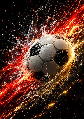 Soccer ball with fire and water splash