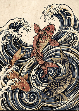 Koi Fish in Japanese Waves
