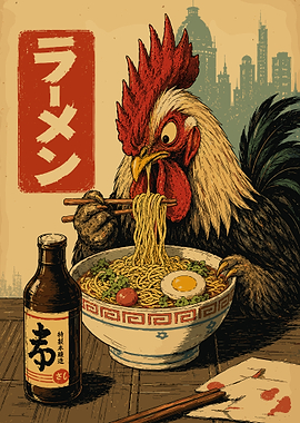 Rooster Eating Ramen Japanese Food Illustration Funny Animal Wall Art Poster