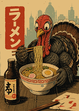Funny Turkey Eating Ramen Vintage Japanese Poster Wall Art