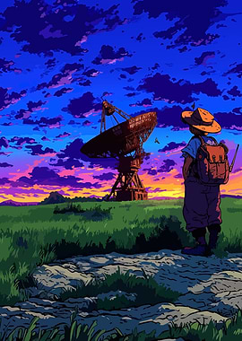 Child with Backpack at Sunset