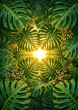 Sunburst Monstera Canopy - Golden Tropical Botanical Art