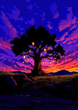 Magical Tree with Lanterns at Sunset
