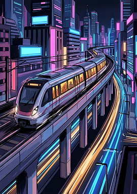 Midnight Light Trails and Cyberpunk Train Artwork