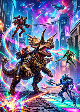 Cyberpunk Battle with Armored Triceratops