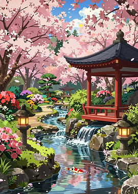 Serene Japanese Garden with Cherry Blossoms