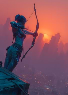 Cyberpunk Archer at Sunset Over City