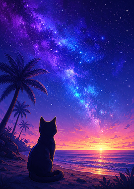 Cat Gazing at Starry Sunset Beach