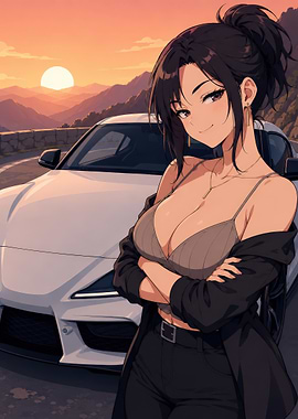 Anime girl with car at sunset