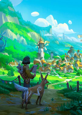 Adventurer with Fox-like Companion in a Village
