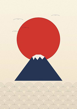 Rising Sun & Cranes - Minimalist Japanese Fuji