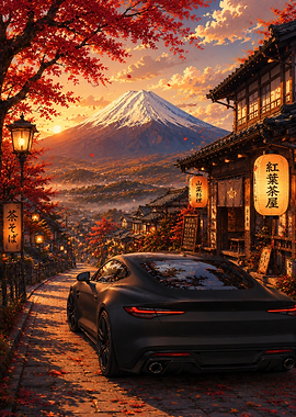 Sports Car in Autumn Japanese Village