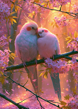 Two Cockatiels Cuddling in Cherry Blossoms